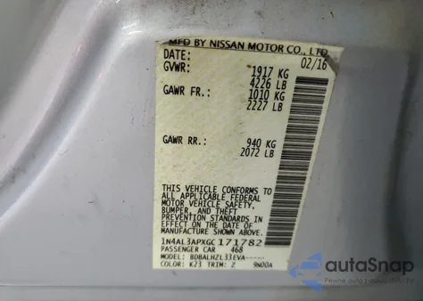 2016 Nissan Altima 2.5 Sr from USA, damaged, VIN 1N4AL3APXGC171782